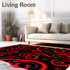Crimson Swirls on Black Background Rug