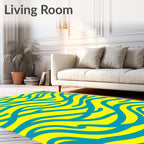 Bright Yellow Teal Swirl Abstract Rug