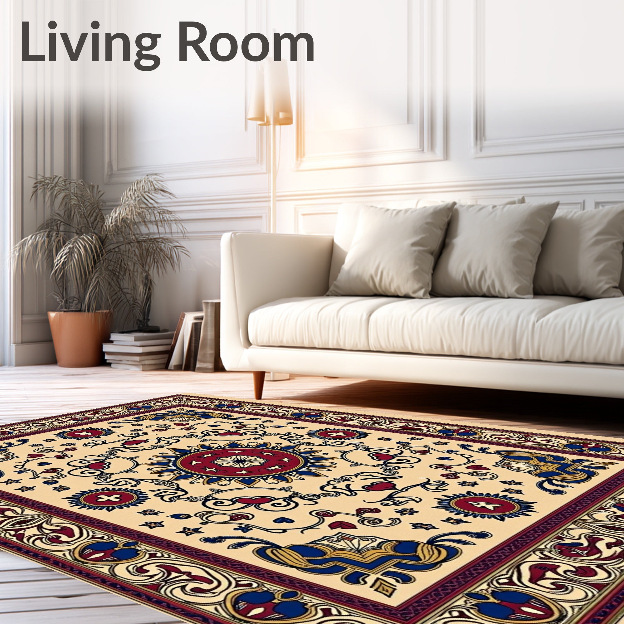 Ornate Crimson Blue Medallion Borders Rug