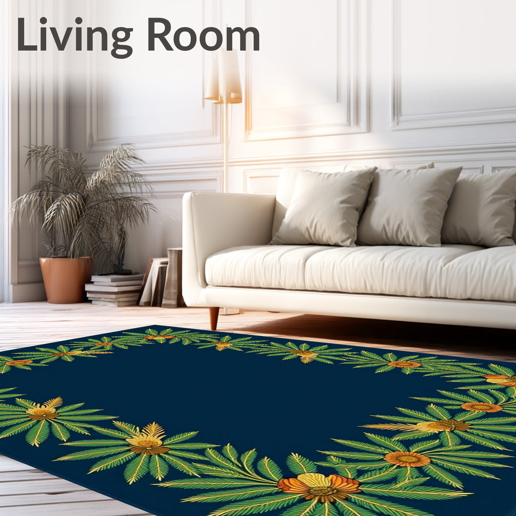 Deep Blue Tropical Floral Border Rug