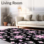 Pink White Floral Medallion Black Background Rug