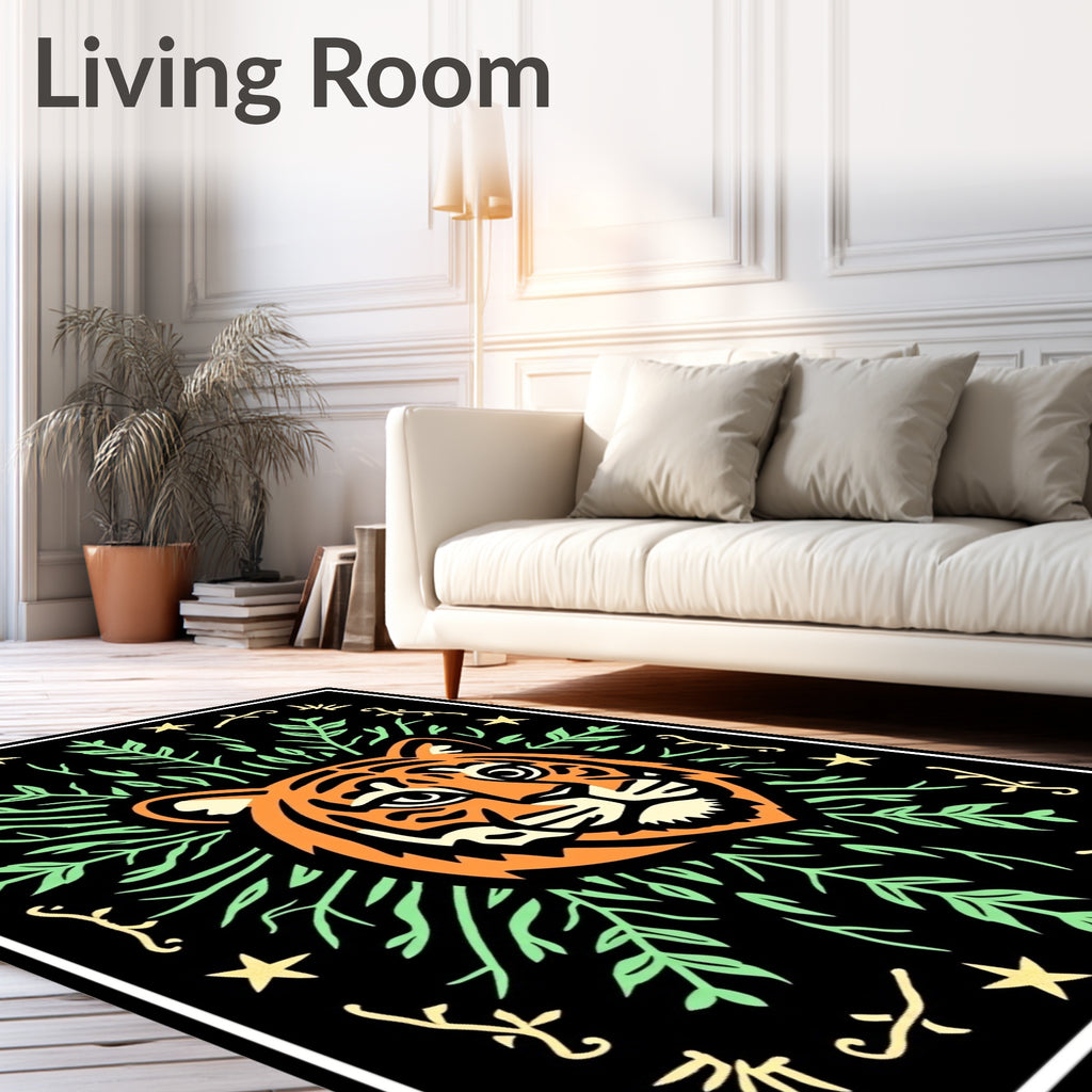 Orange Tiger With Green Tropical Vines Rug