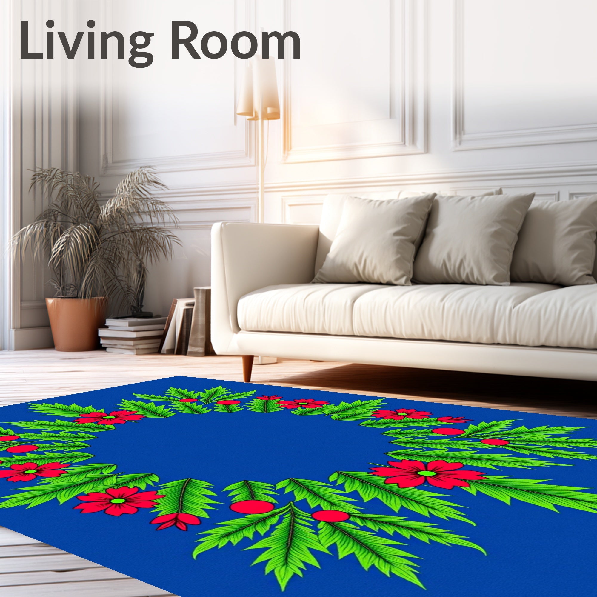 Vibrant Red Floral Wreath Greenery Rug