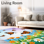Orange Monarch Butterflies Over Floral Meadow Rug