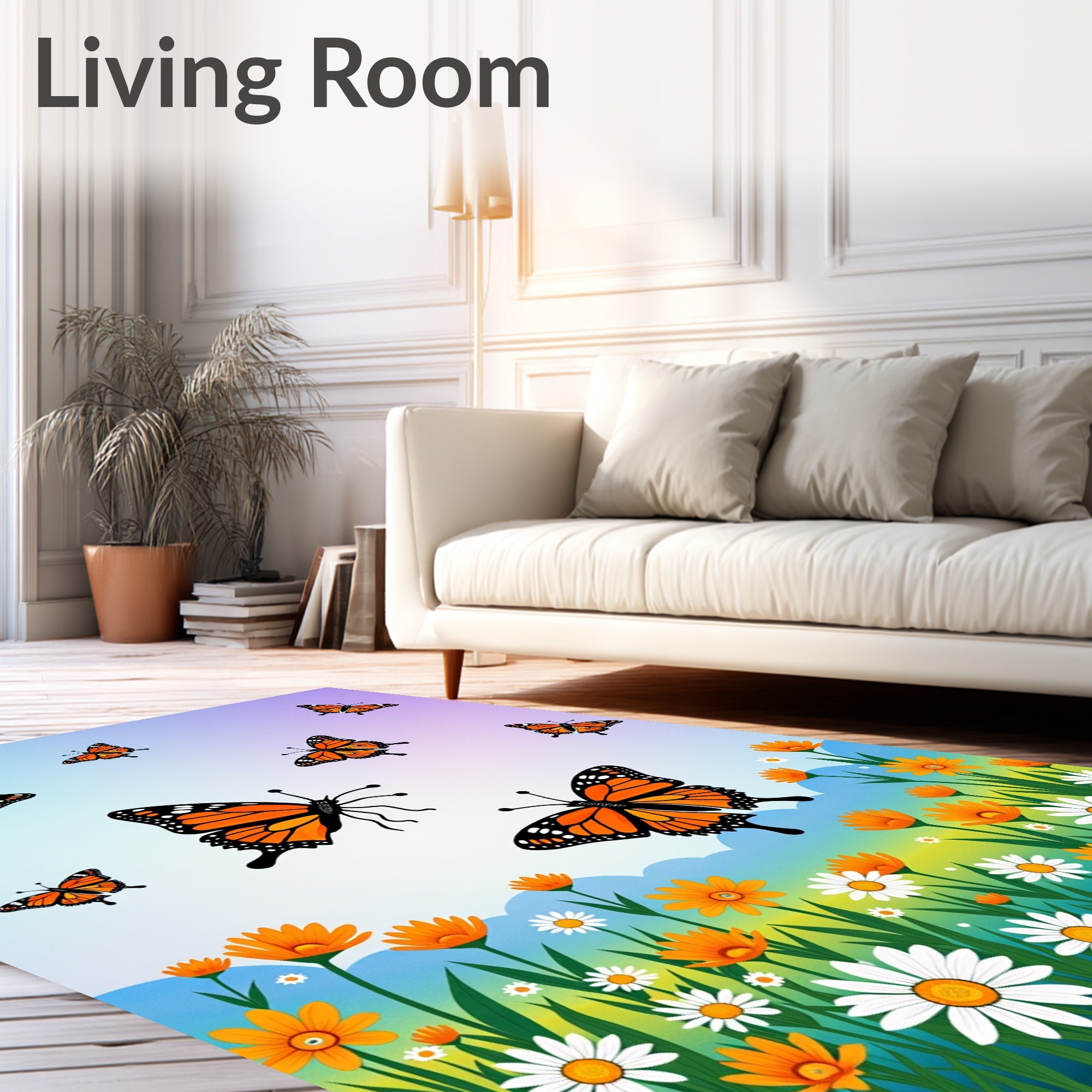 Orange Monarch Butterflies Over Floral Meadow Rug