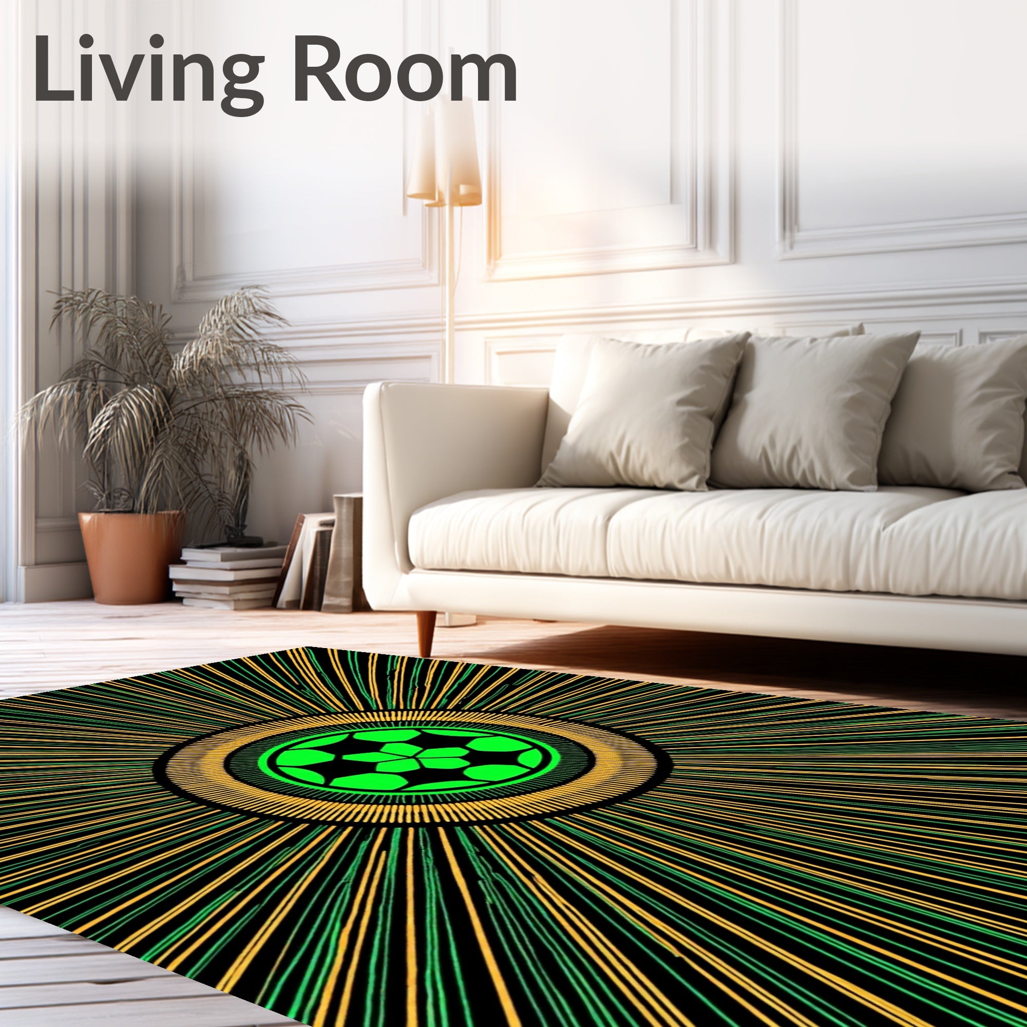 Neon Green Soccer Sunburst Radiating Rug