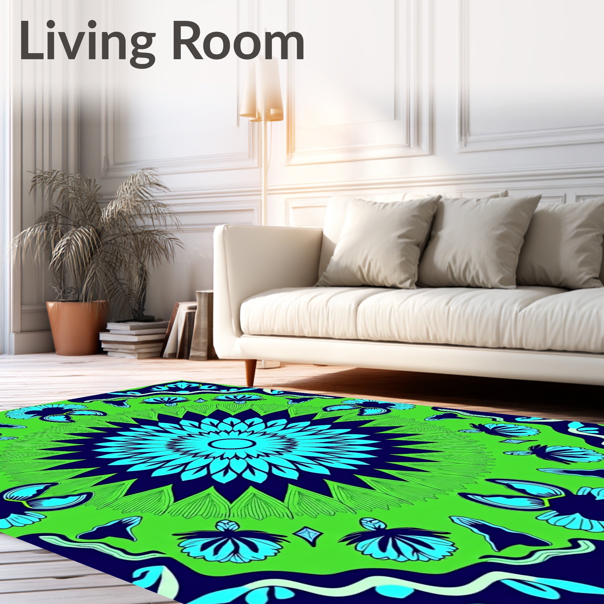 Vibrant Blue Green Floral Mandala Rug