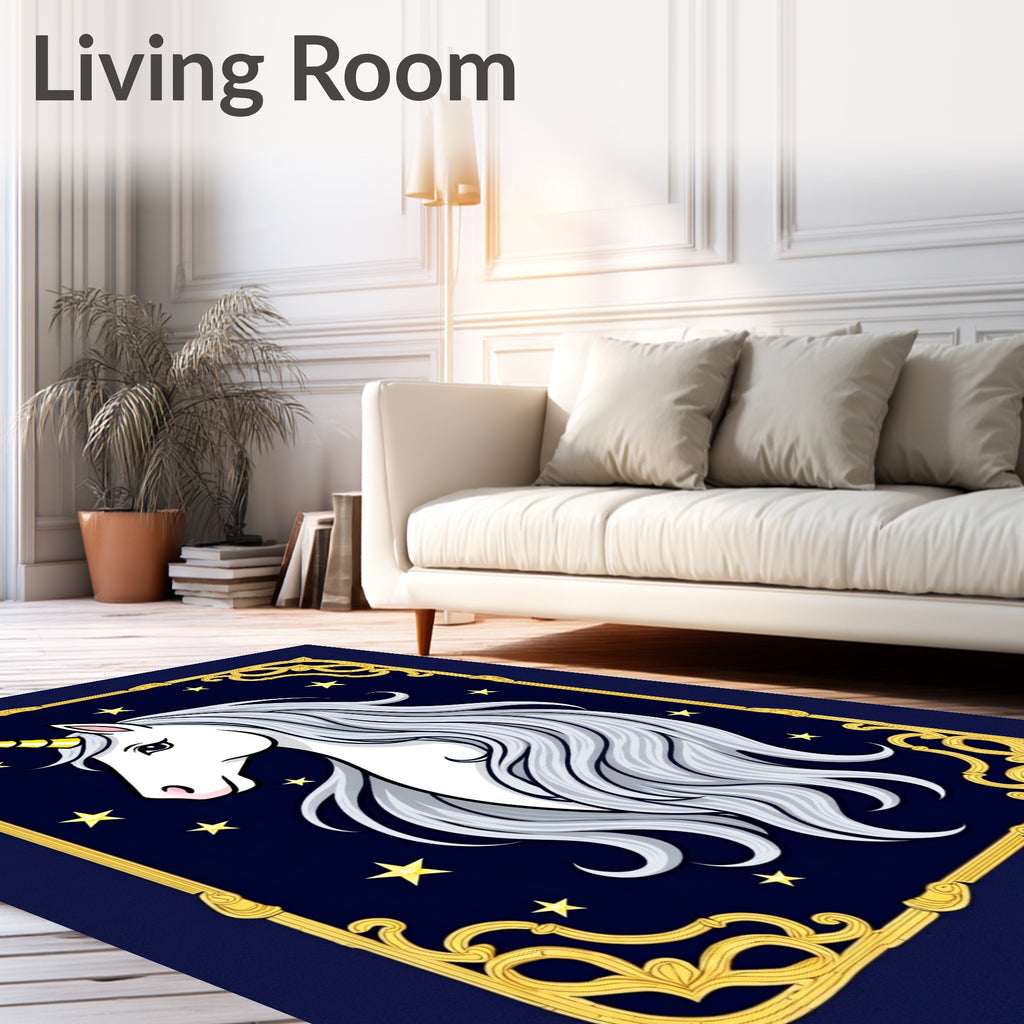 Golden Unicorn Portrait On Starry Night Rug