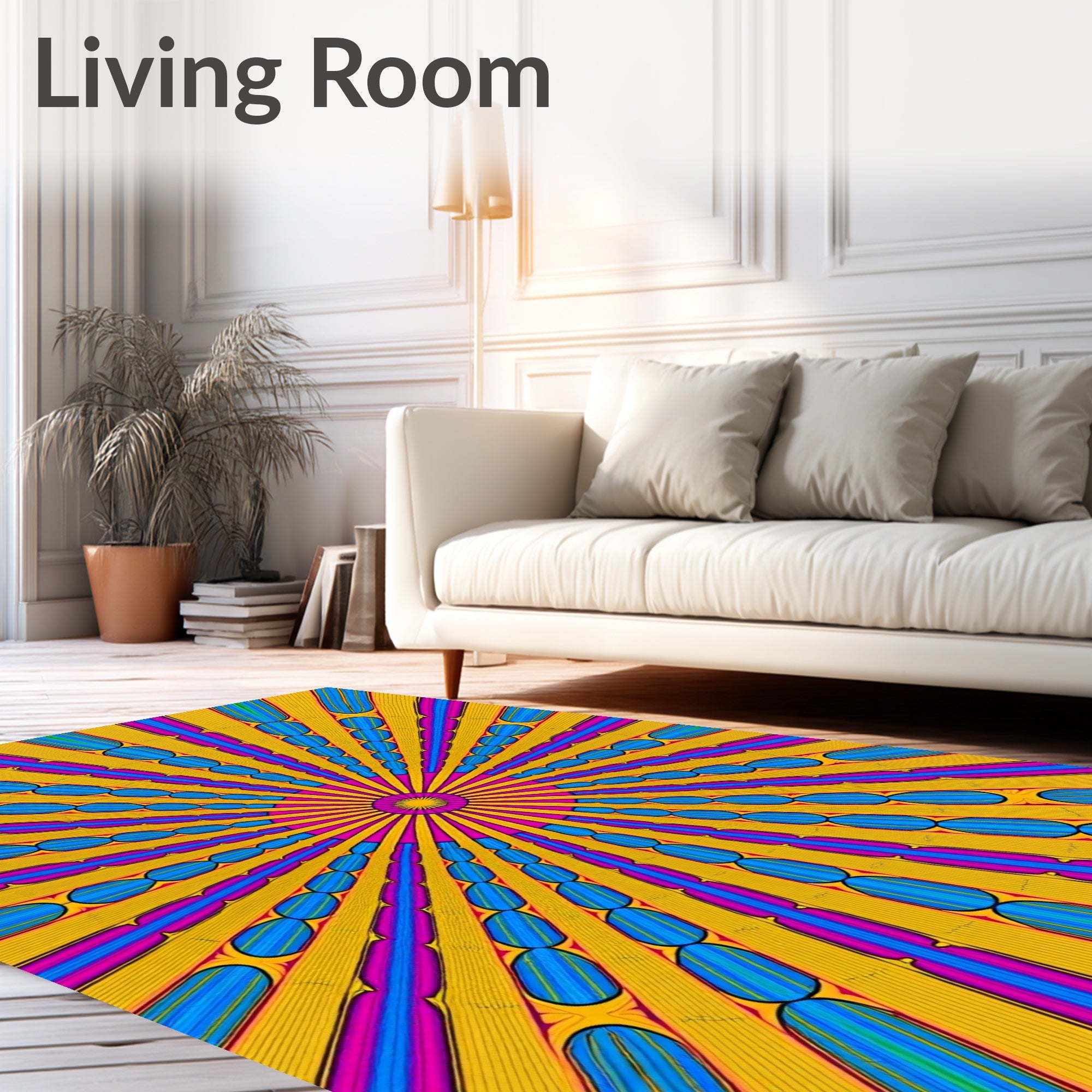 Vibrant Yellow Sunburst Oval Stripe Rug