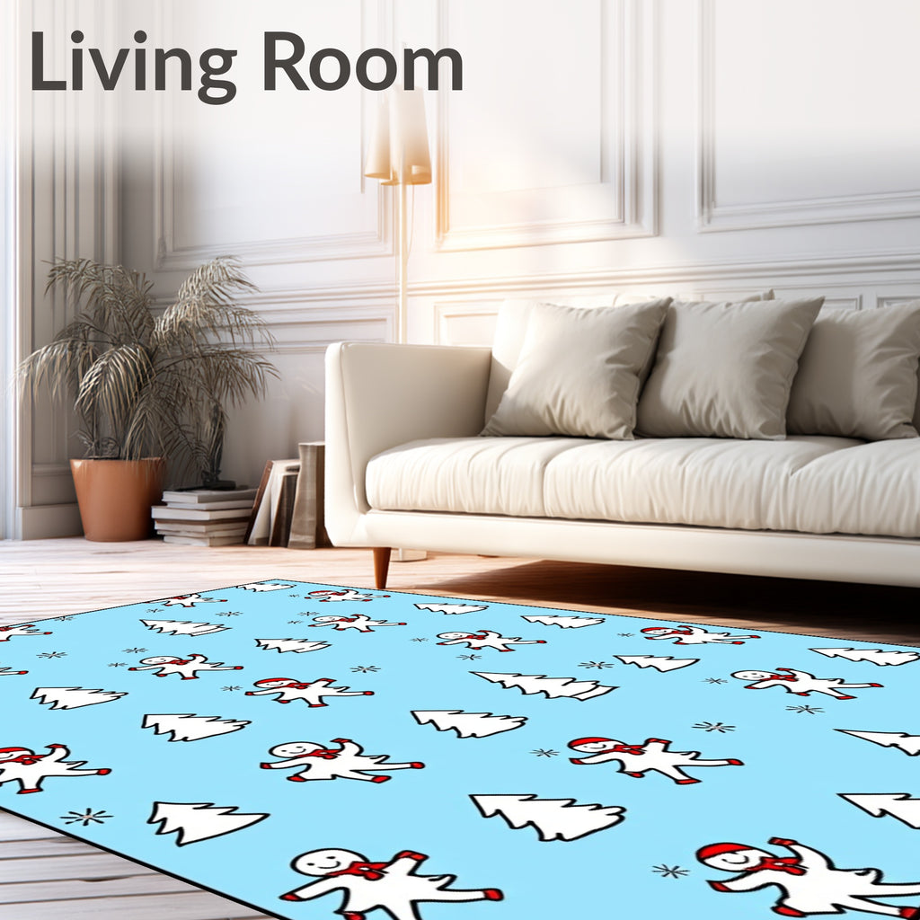 Blue Snowman Winter Tree Snowflake Scene Rug