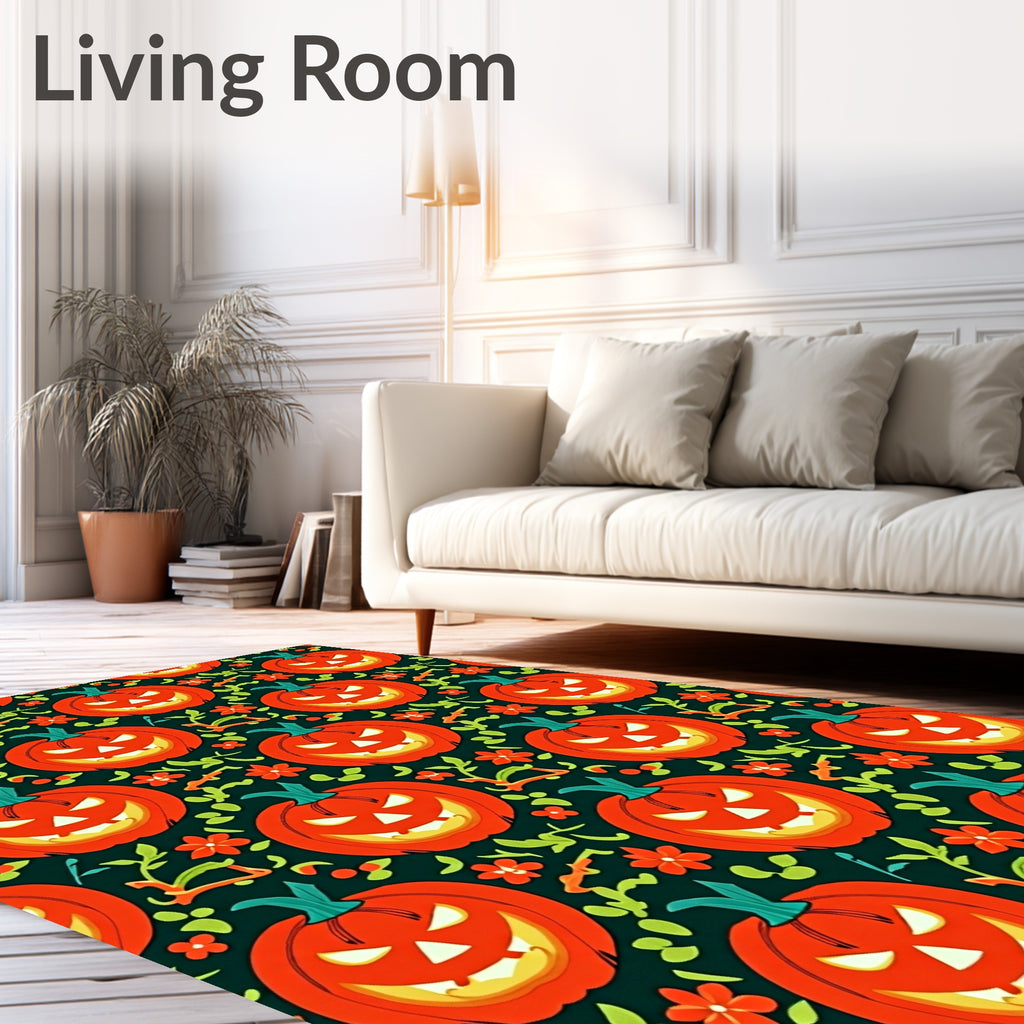 Grinning Orange Halloween Pumpkins Floral Rug