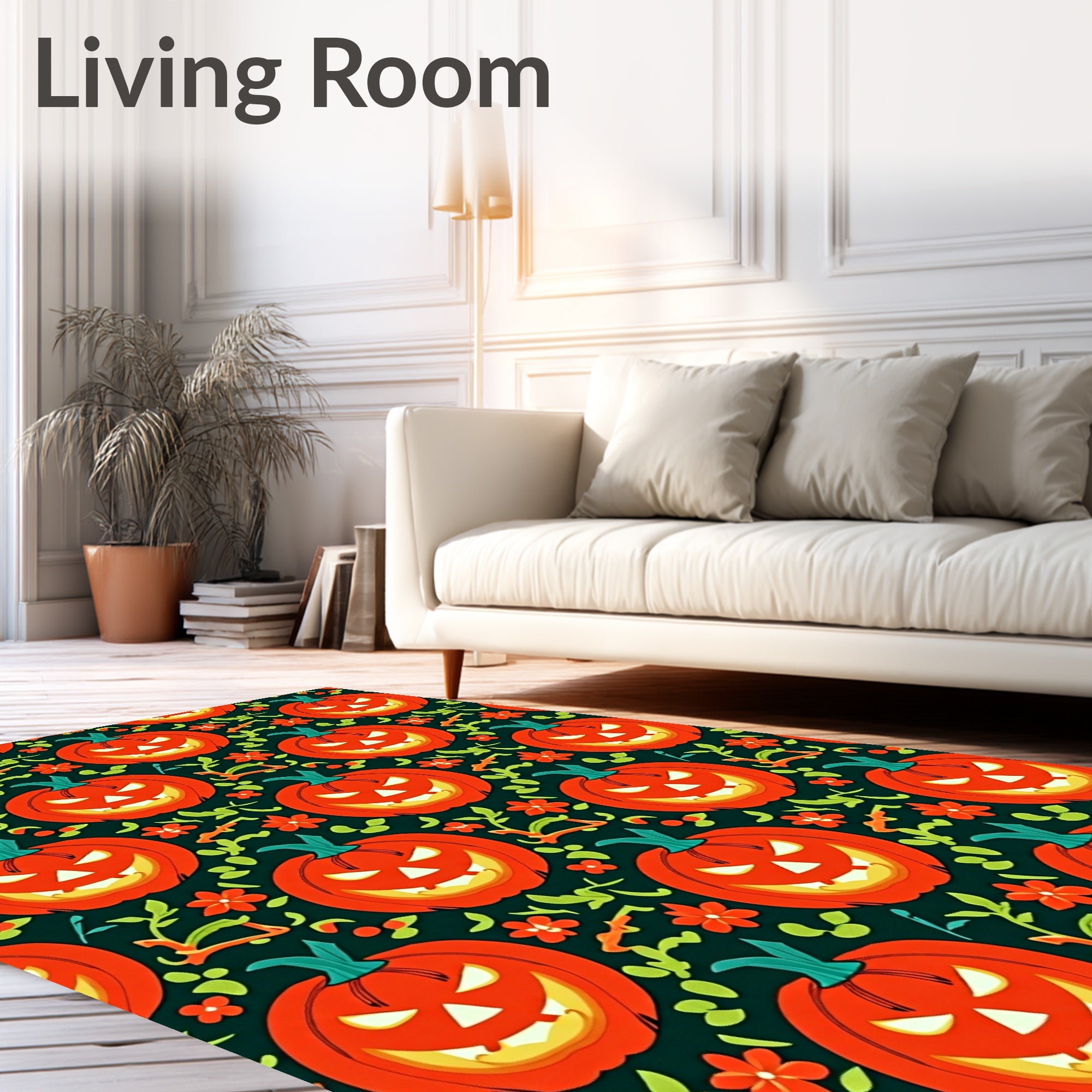 Grinning Orange Halloween Pumpkins Floral Rug