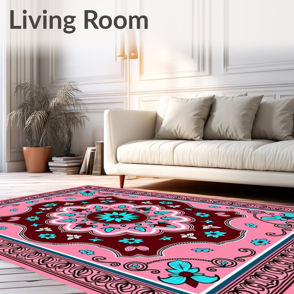 Pink Teal Floral Medallion Border Rug