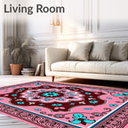 Pink Teal Floral Medallion Border Rug