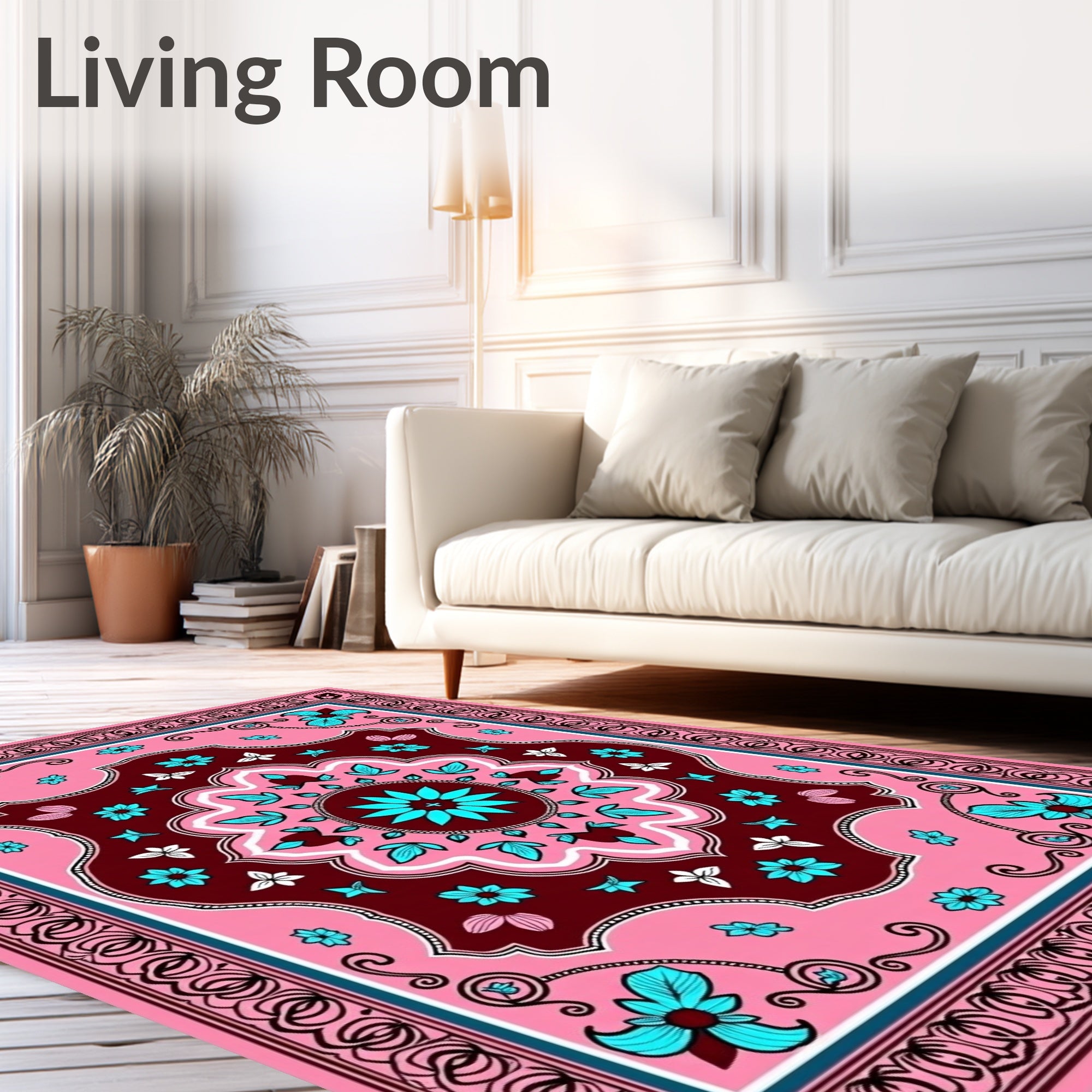 Pink Teal Floral Medallion Border Rug