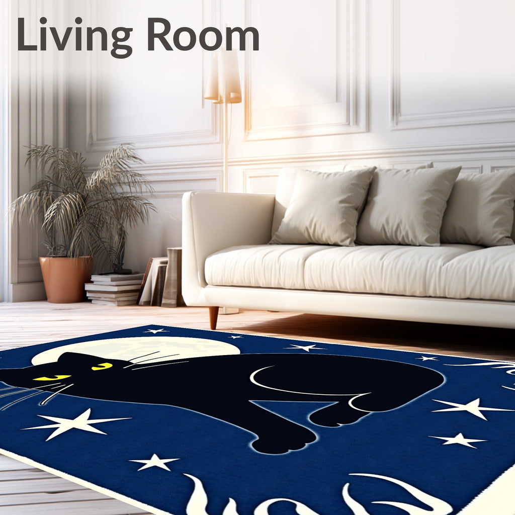 Mysterious Black Cat Moonlit Stars Rug