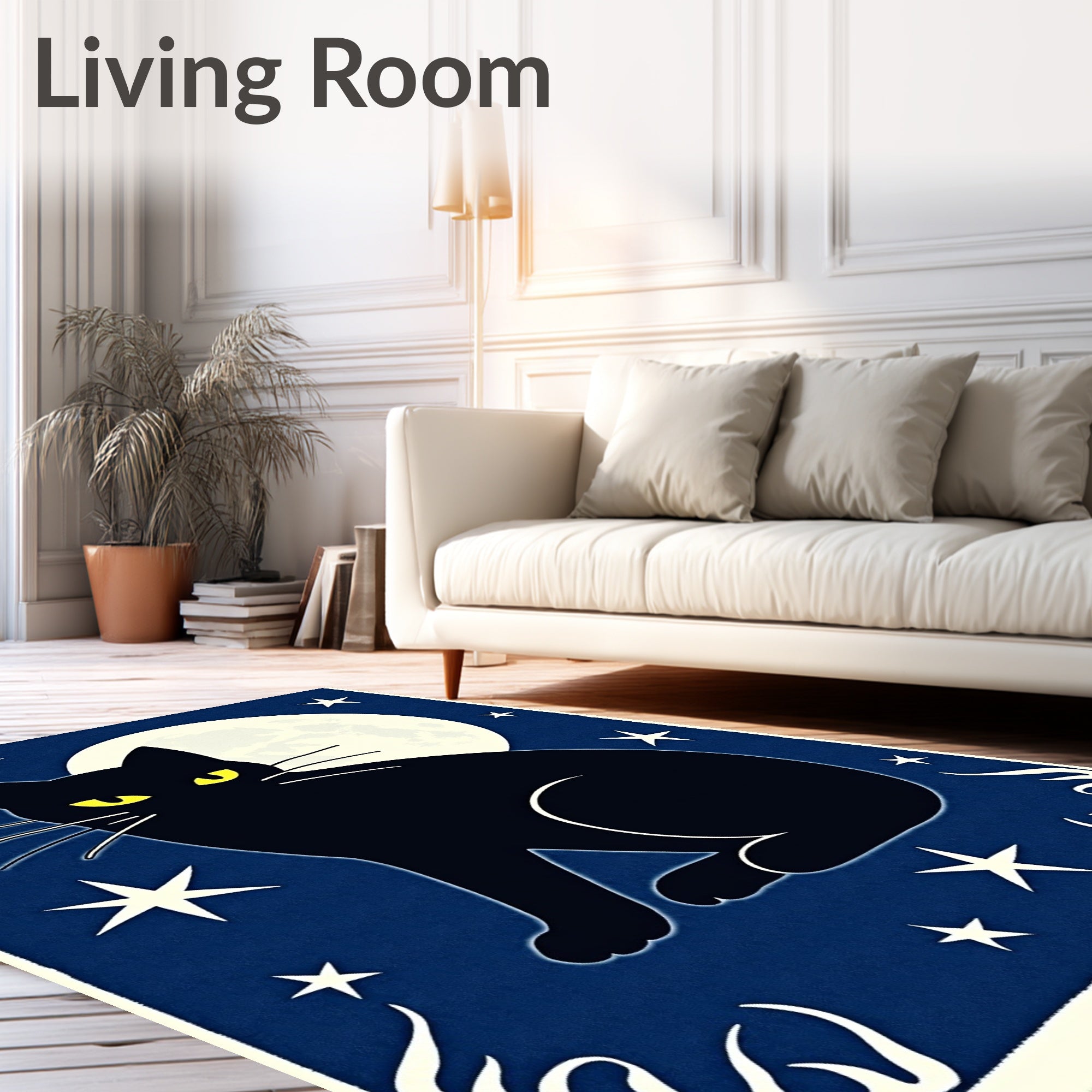 Mysterious Black Cat Moonlit Stars Rug