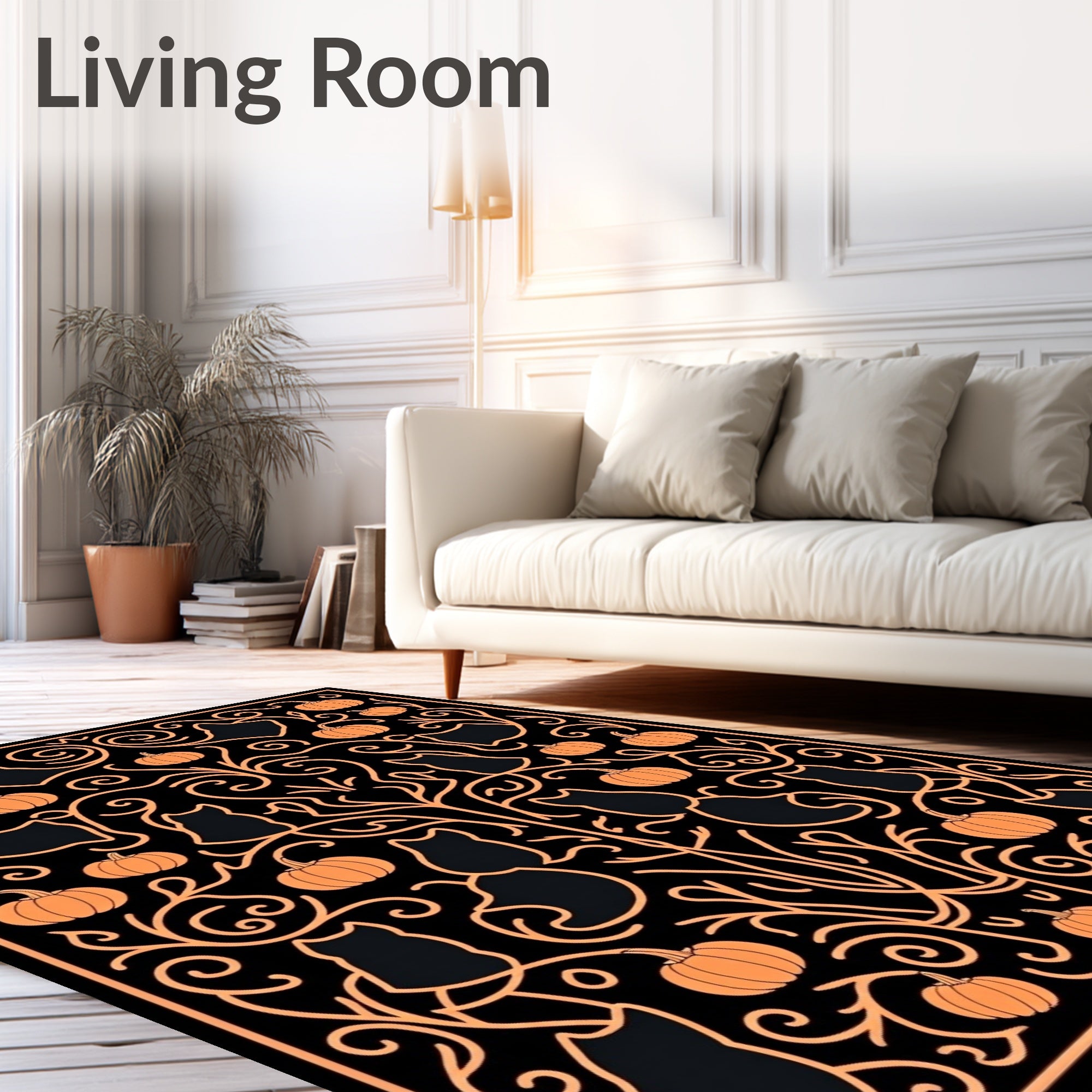 Orange Black Cat Pumpkin Vine Rug