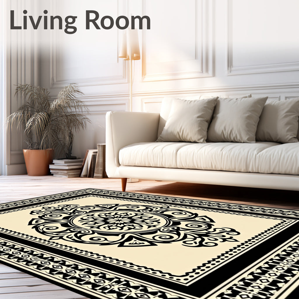 Cream Black Floral Medallion Border Rug