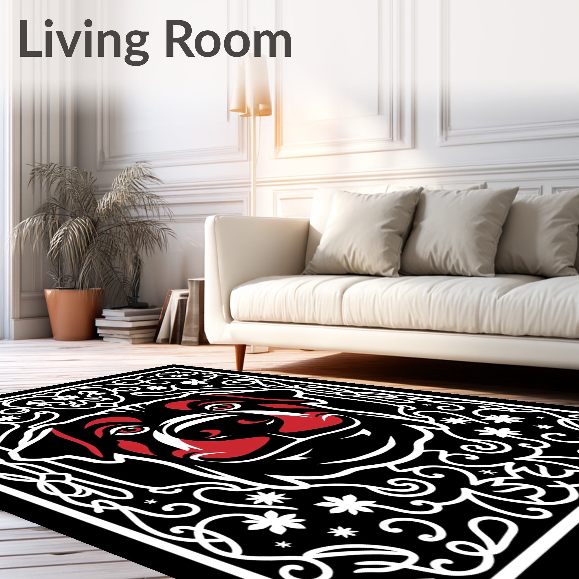 Bold Rottweiler Black Red Floral Rug