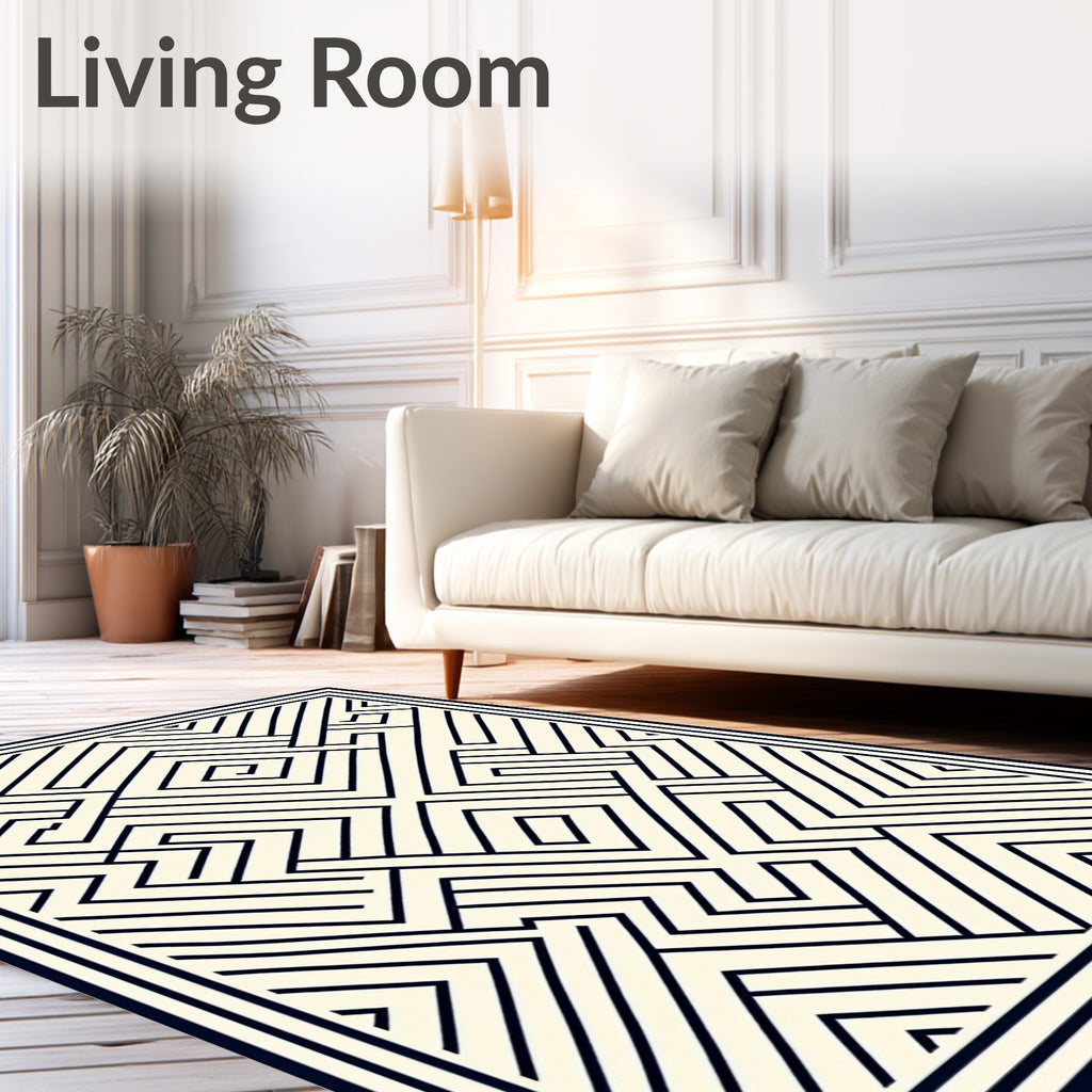 Cream and Black Linear Maze Rug