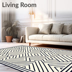 Cream and Black Linear Maze Rug