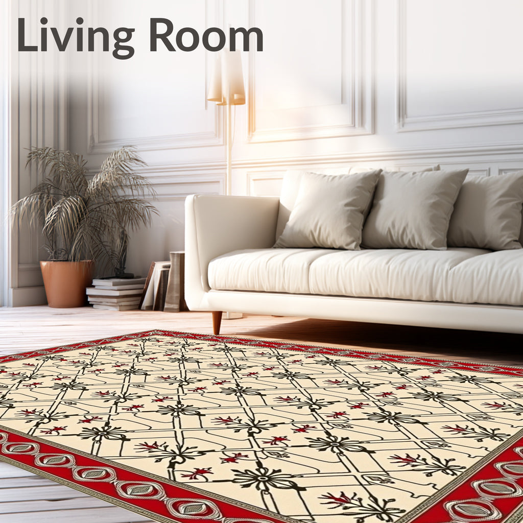 Cream Red Floral Lattice Traditional Rug