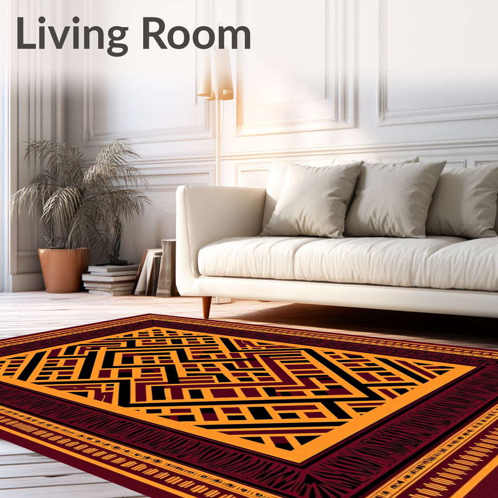 Bold Geometric Maroon Gold Lines Rug