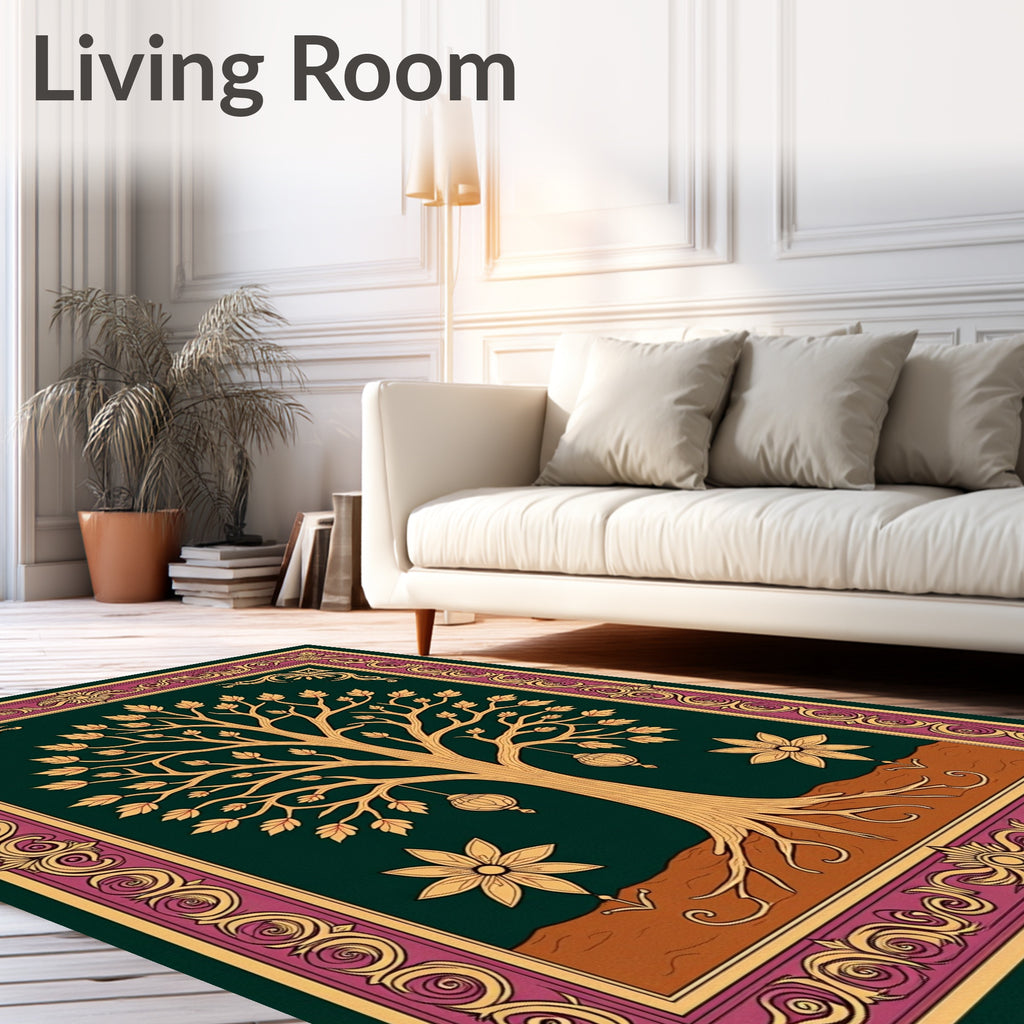 Deep Teal Golden Tree Floral Border Rug
