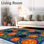 Spooky Black Cats Orange Pumpkins Blue Rug