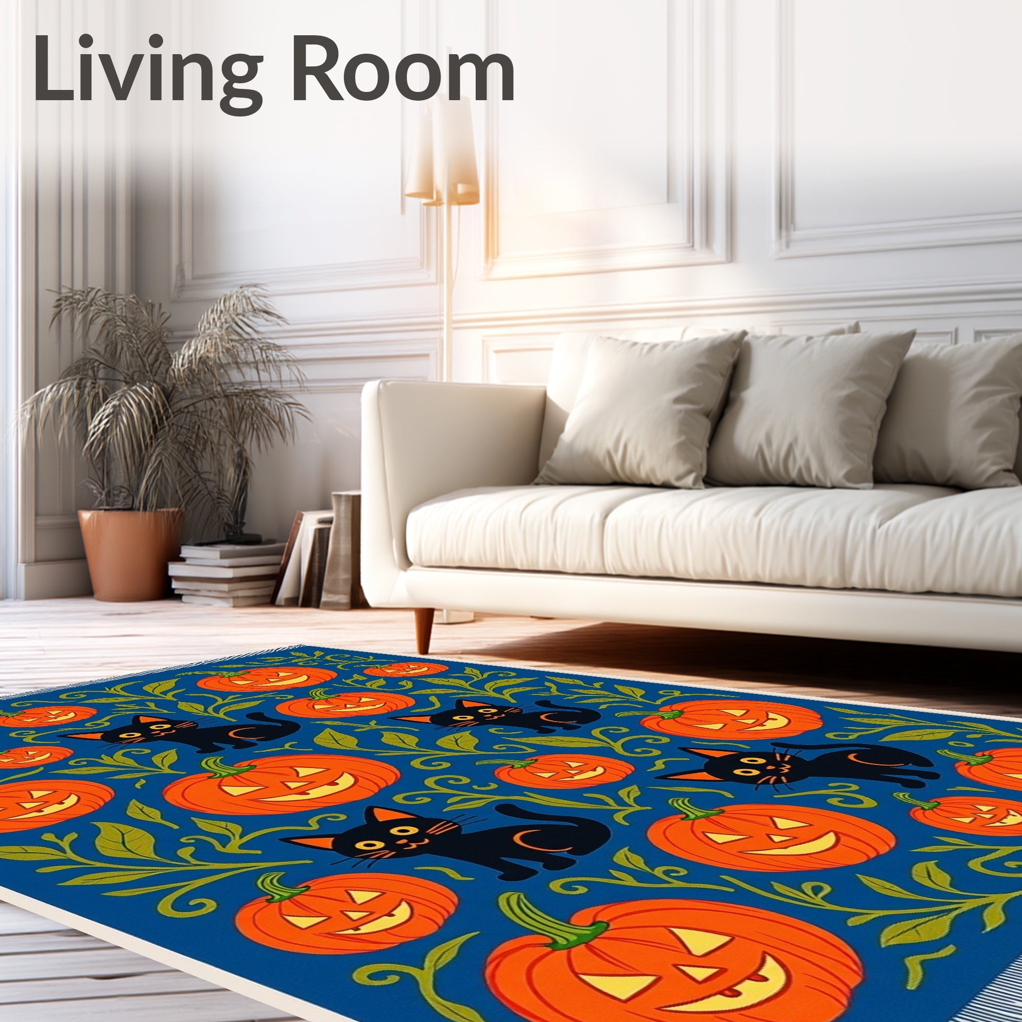 Spooky Black Cats Orange Pumpkins Blue Rug
