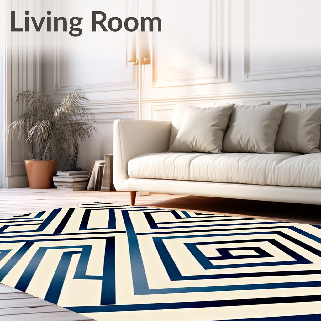 Deep Blue Geometric Maze Lines Rug