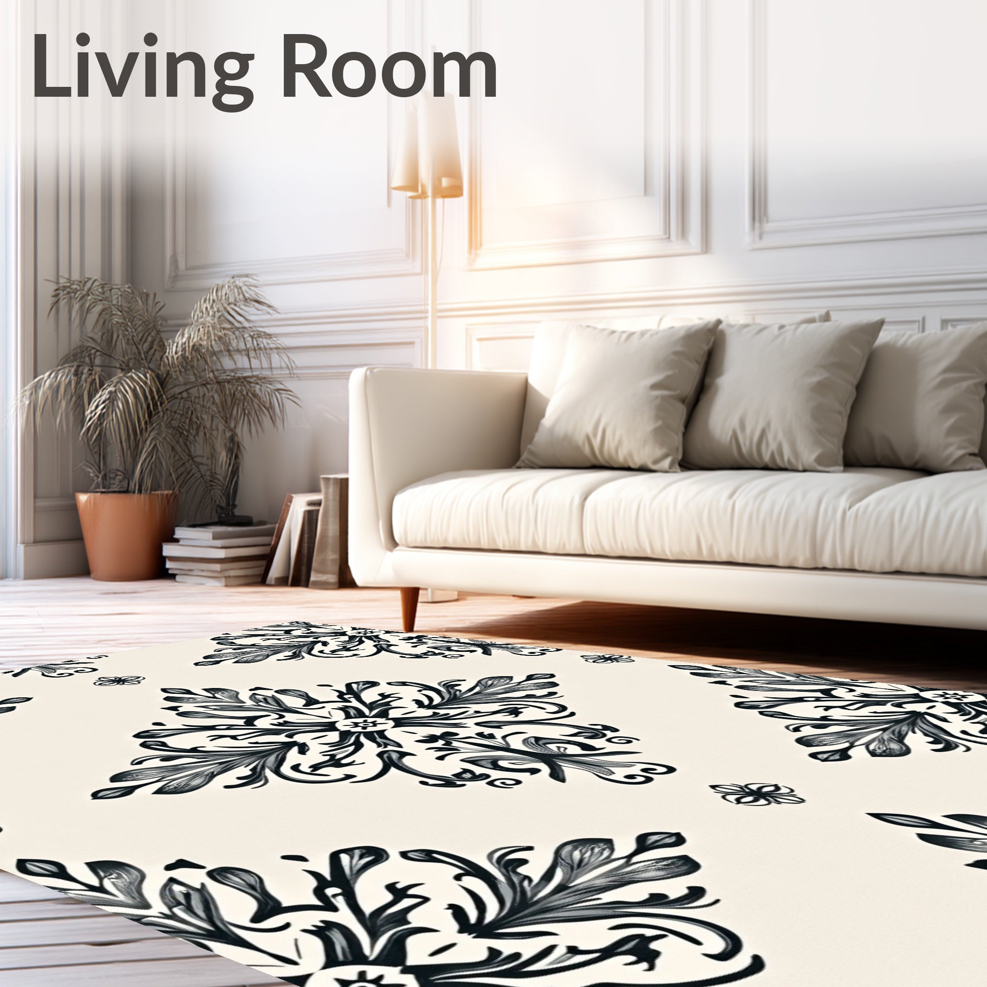 Black Ivory Floral Damask Medallion Rug
