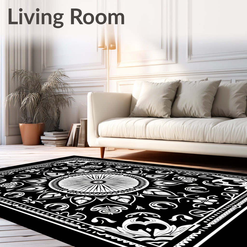 Ornate Black White Sunburst Paisley Rug