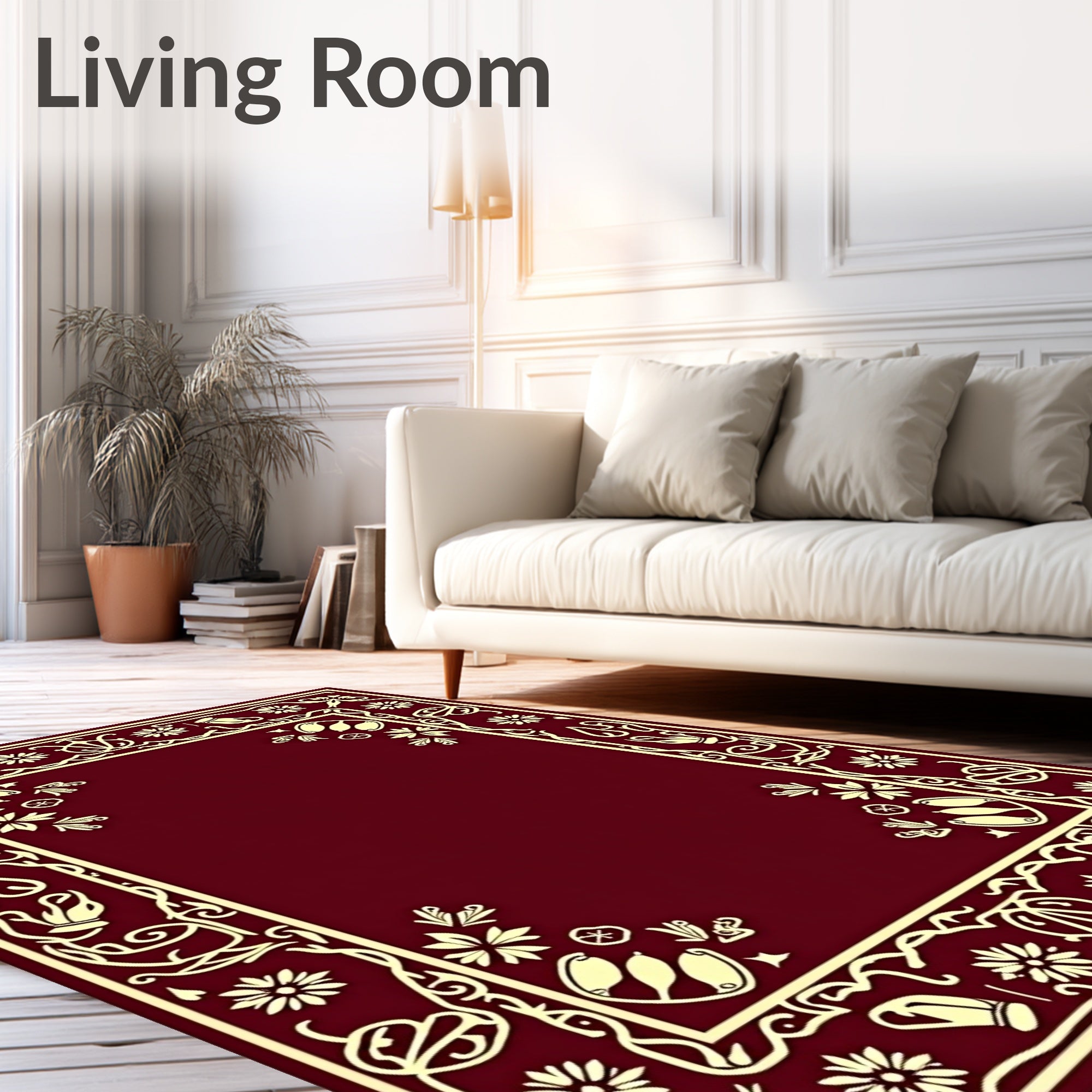 Crimson Cream Floral Bordered Frame Rug