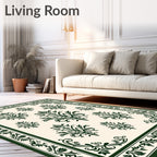 Dark Green Scrolling Floral Damask Field Rug