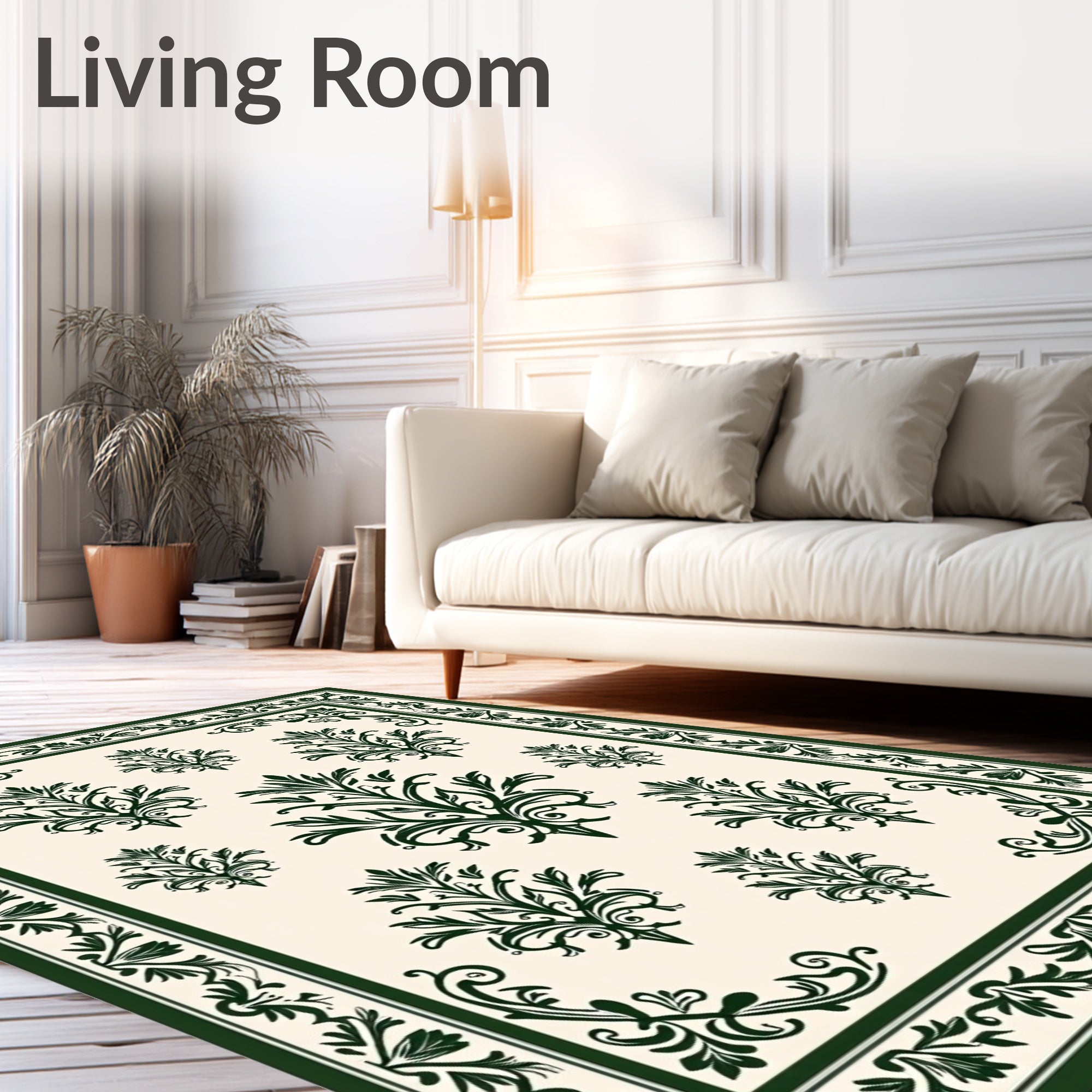Dark Green Scrolling Floral Damask Field Rug