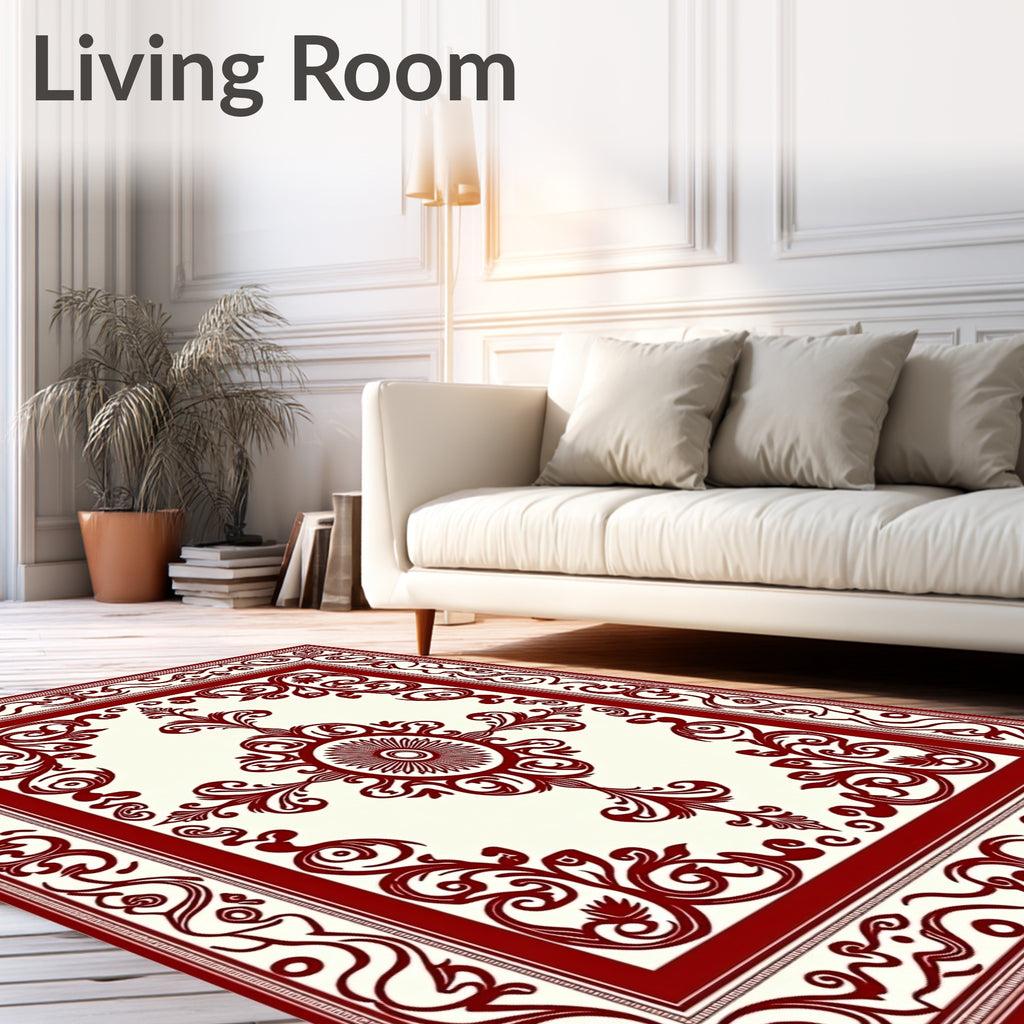 Crimson Ivory Floral Scroll Decorative Rug