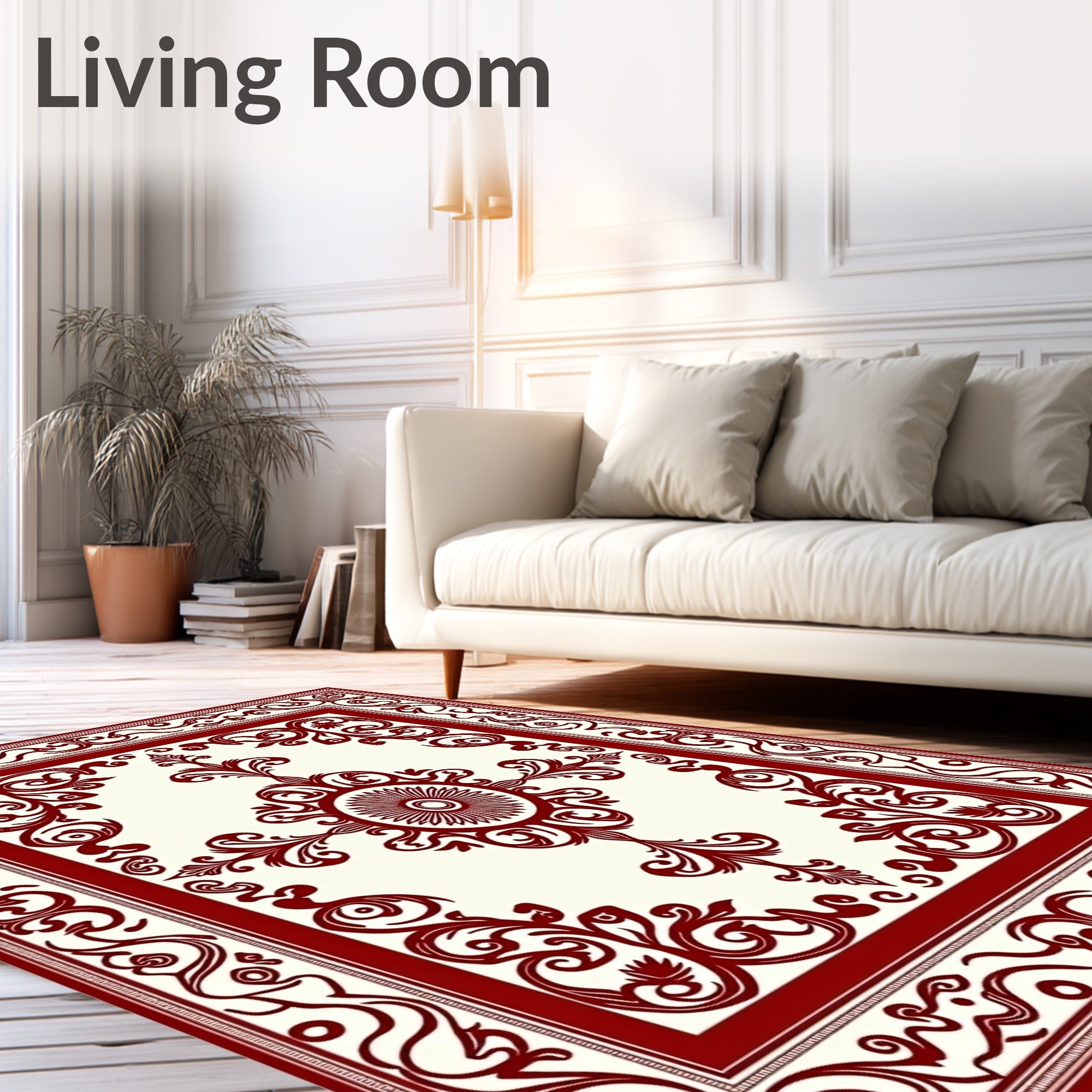 Crimson Ivory Floral Scroll Decorative Rug