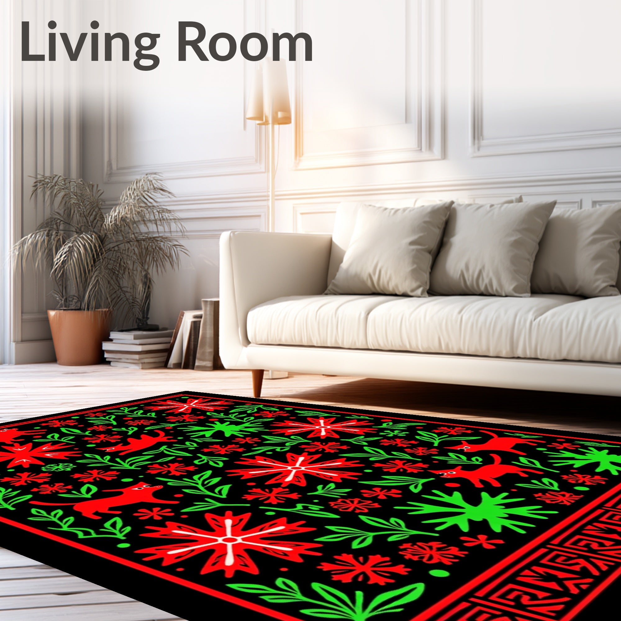 Red Green Feline Floral Medallion Rug