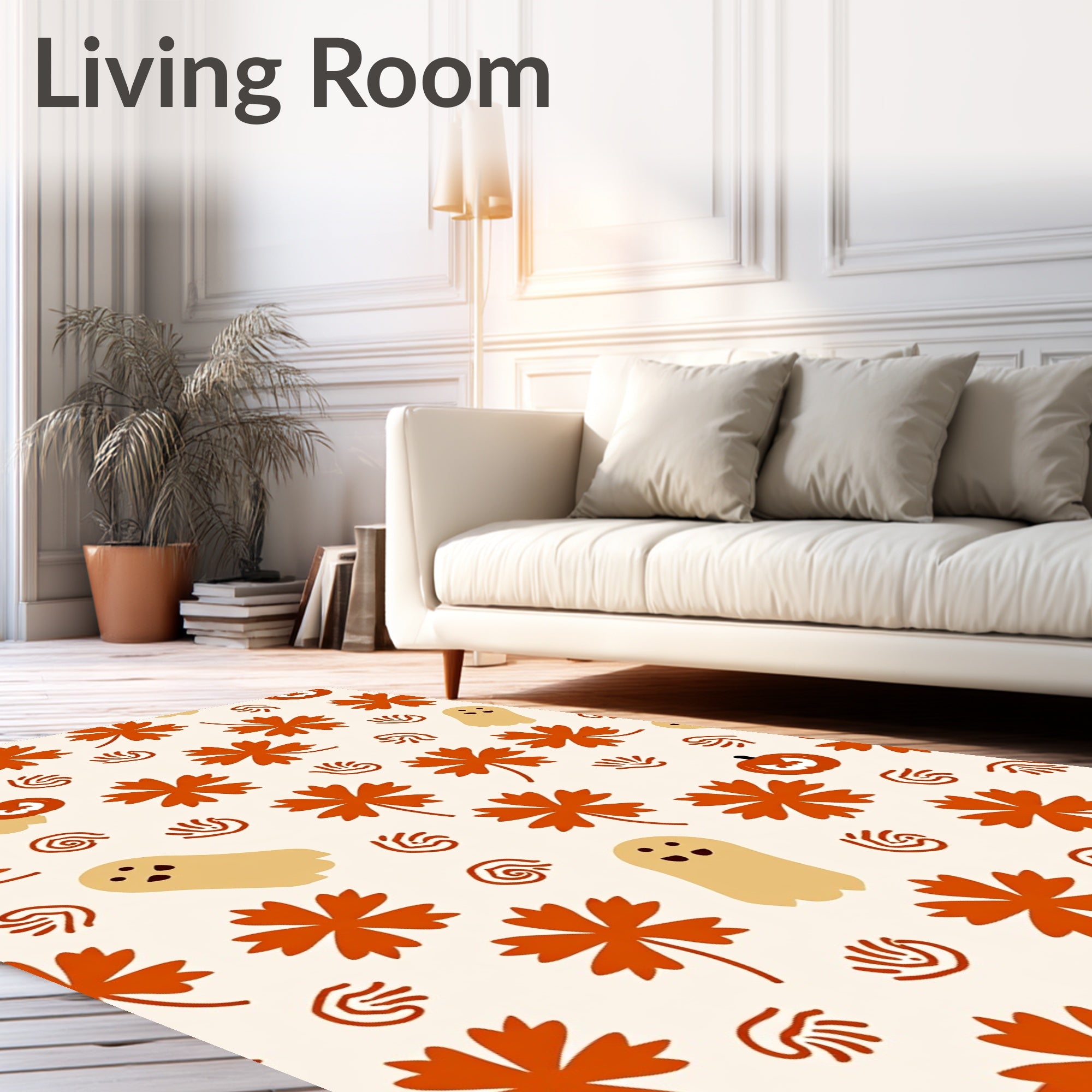 Autumnal Beige Ghost Pumpkin Flowers Rug