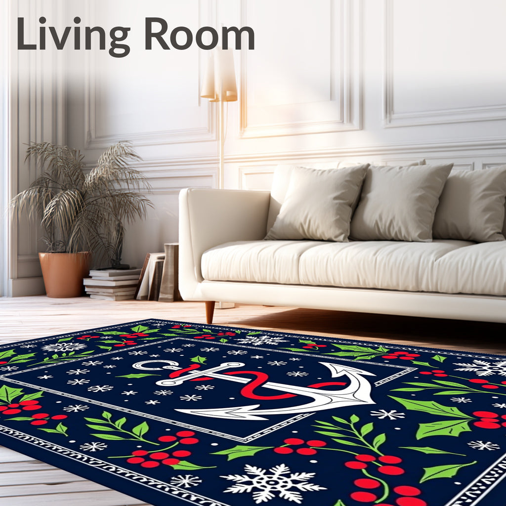 Holiday Navy Anchor Holly Snowflakes Rug