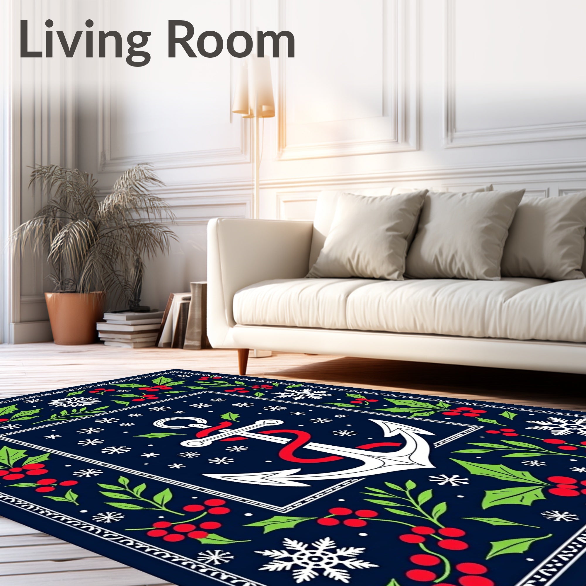 Holiday Navy Anchor Holly Snowflakes Rug