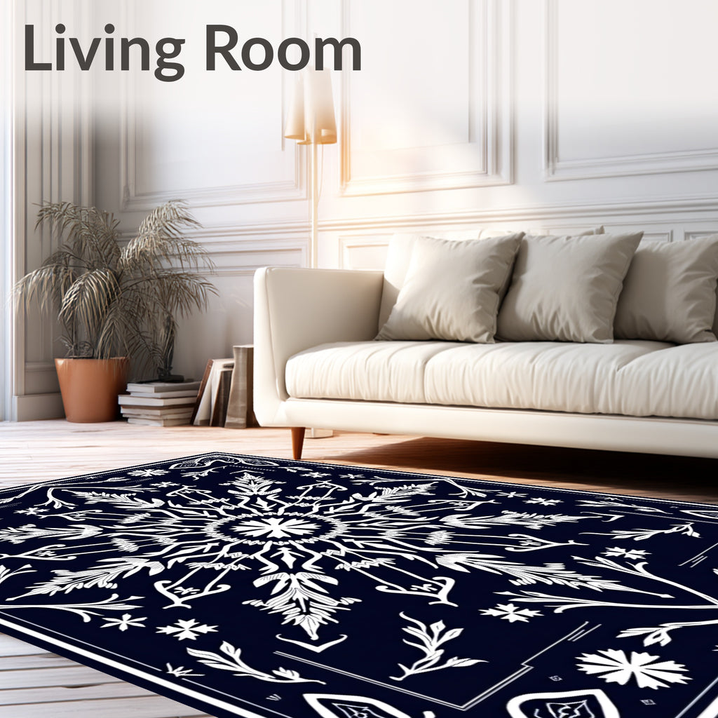 Deep Navy White Floral Mandala Rug