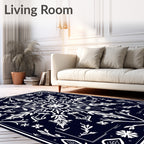 Deep Navy White Floral Mandala Rug