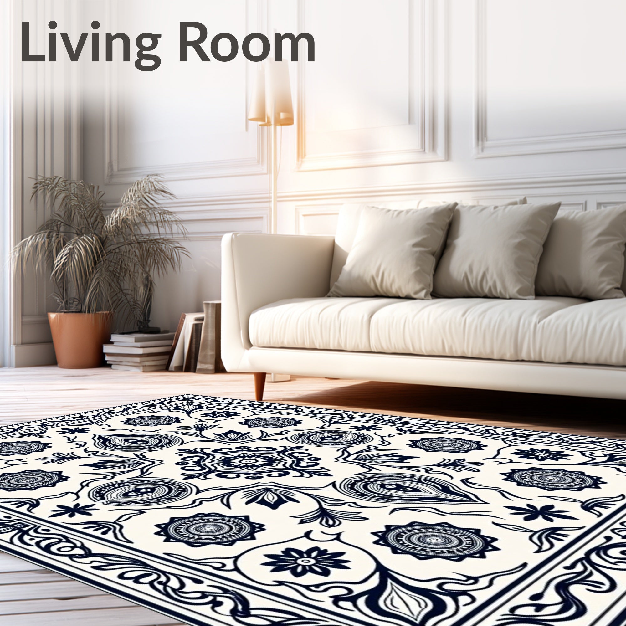 Navy Floral Medallion Scroll Border Rug