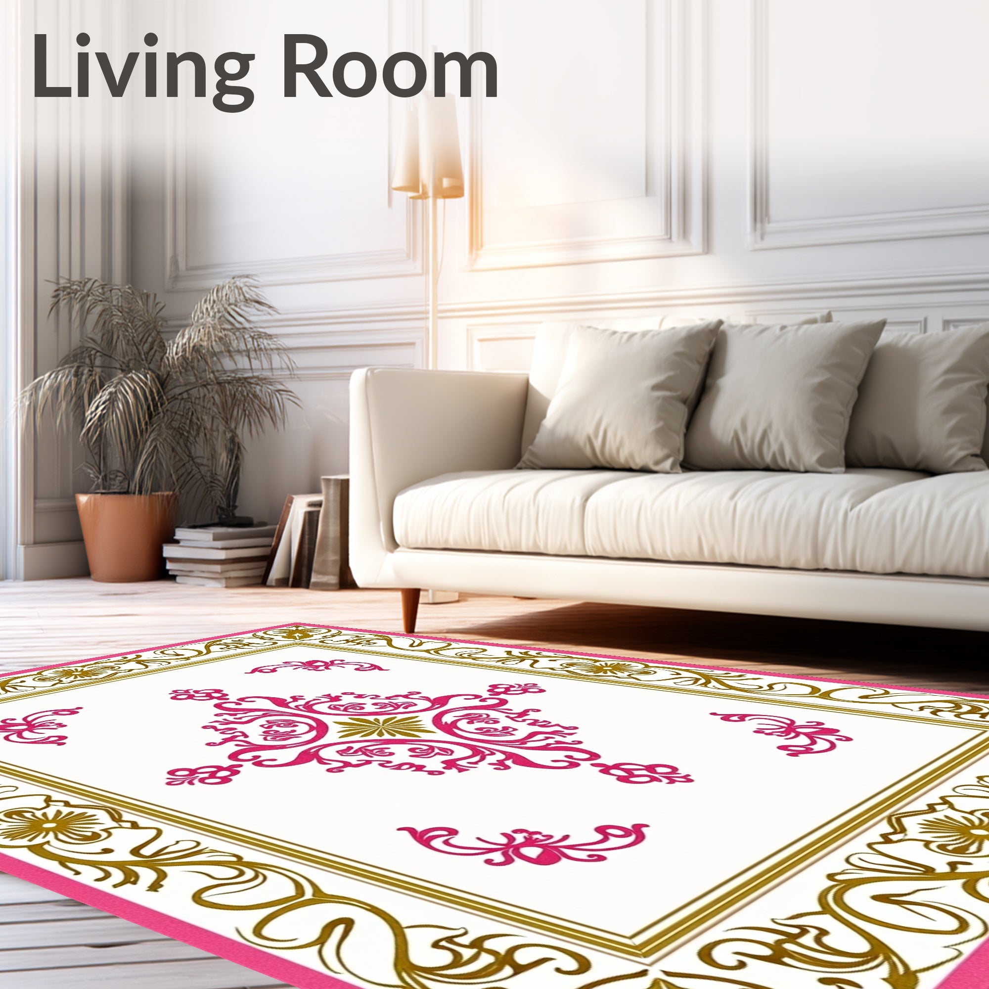Pink Gold Floral Scrolled Border Rug