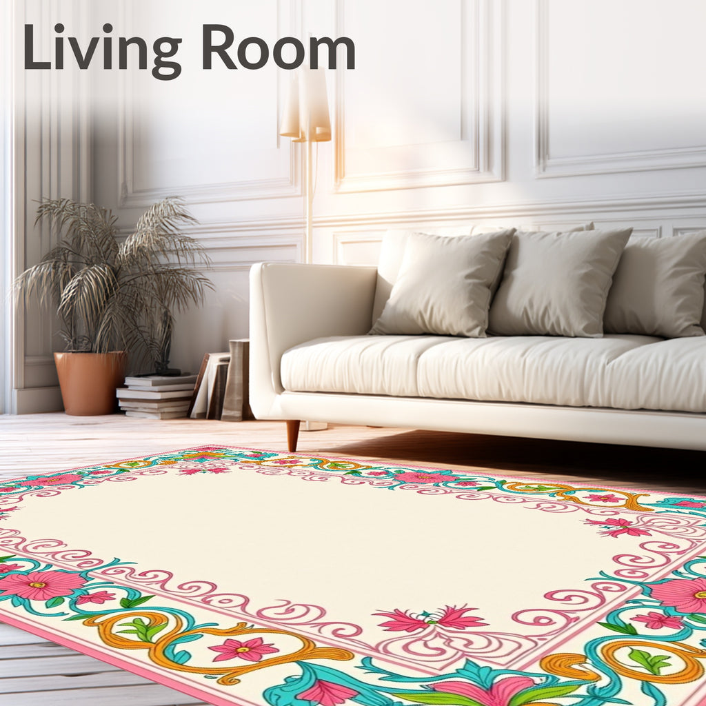 Pink Teal Coral Blooming Scrollwork Rug