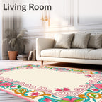 Pink Teal Coral Blooming Scrollwork Rug