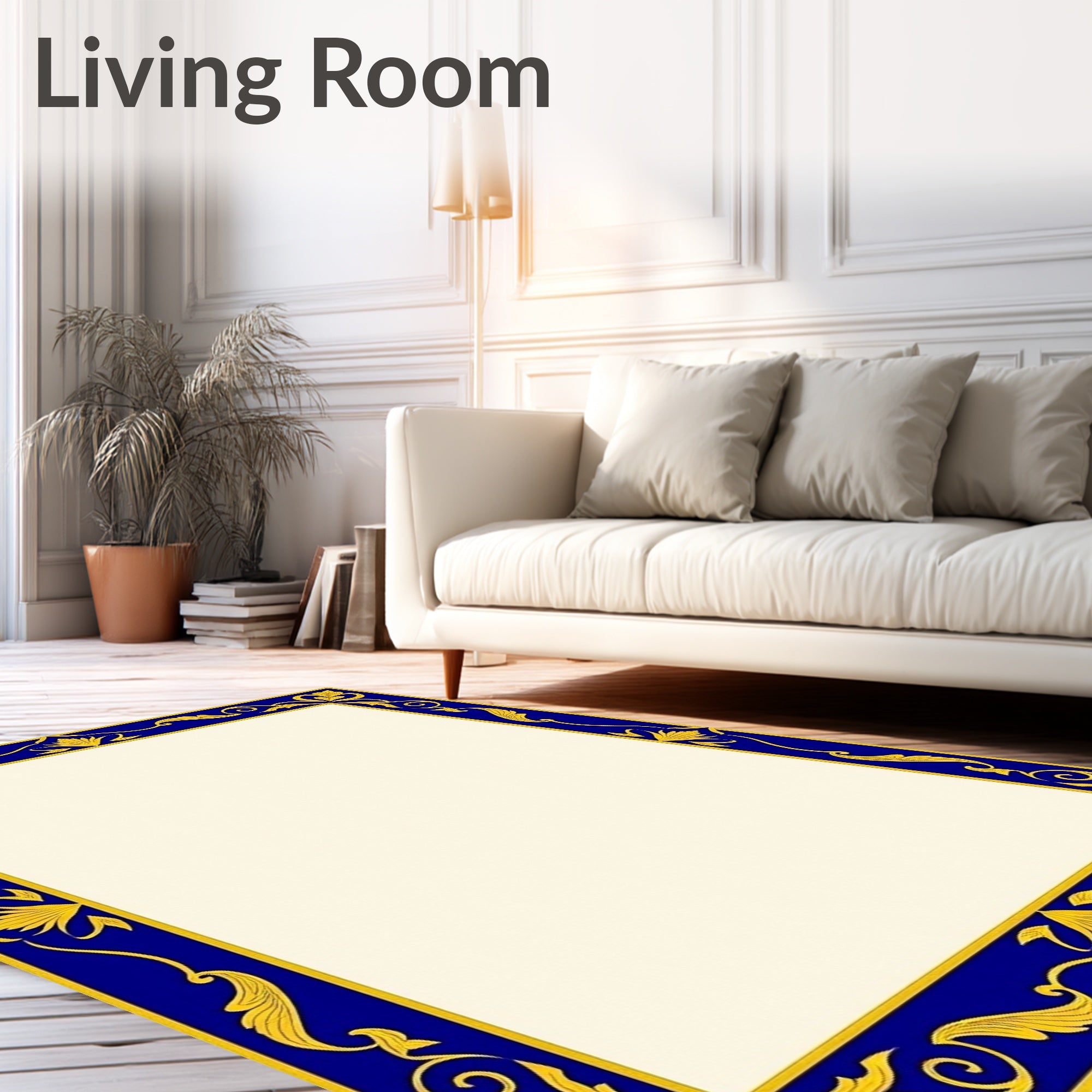 Deep Blue Golden Acanthus Scroll Border Rug